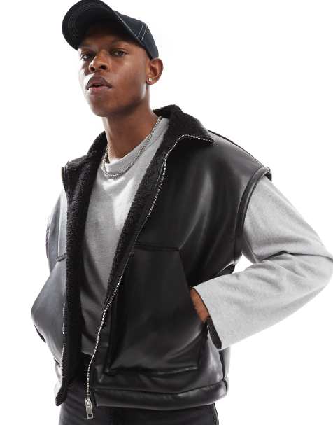 ASOS DESIGN oversized boxy faux leather borg lined vest in black - view 1