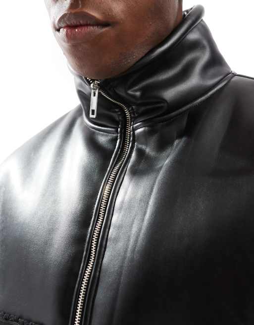 ASOS DESIGN oversized boxy faux leather borg lined vest in black, 4 of 4