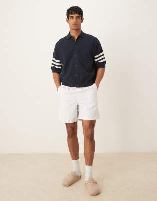 Asos Design Oversized Boxy Fit Airtex Knit Button Down Polo Shirt With Sporty Sleeve Stripes