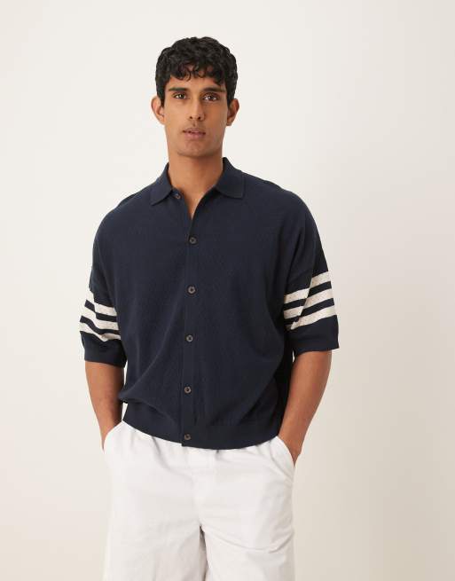 ASOS DESIGN oversized boxy fit airtex knitted button through polo with sporty sleeve stripes in navy