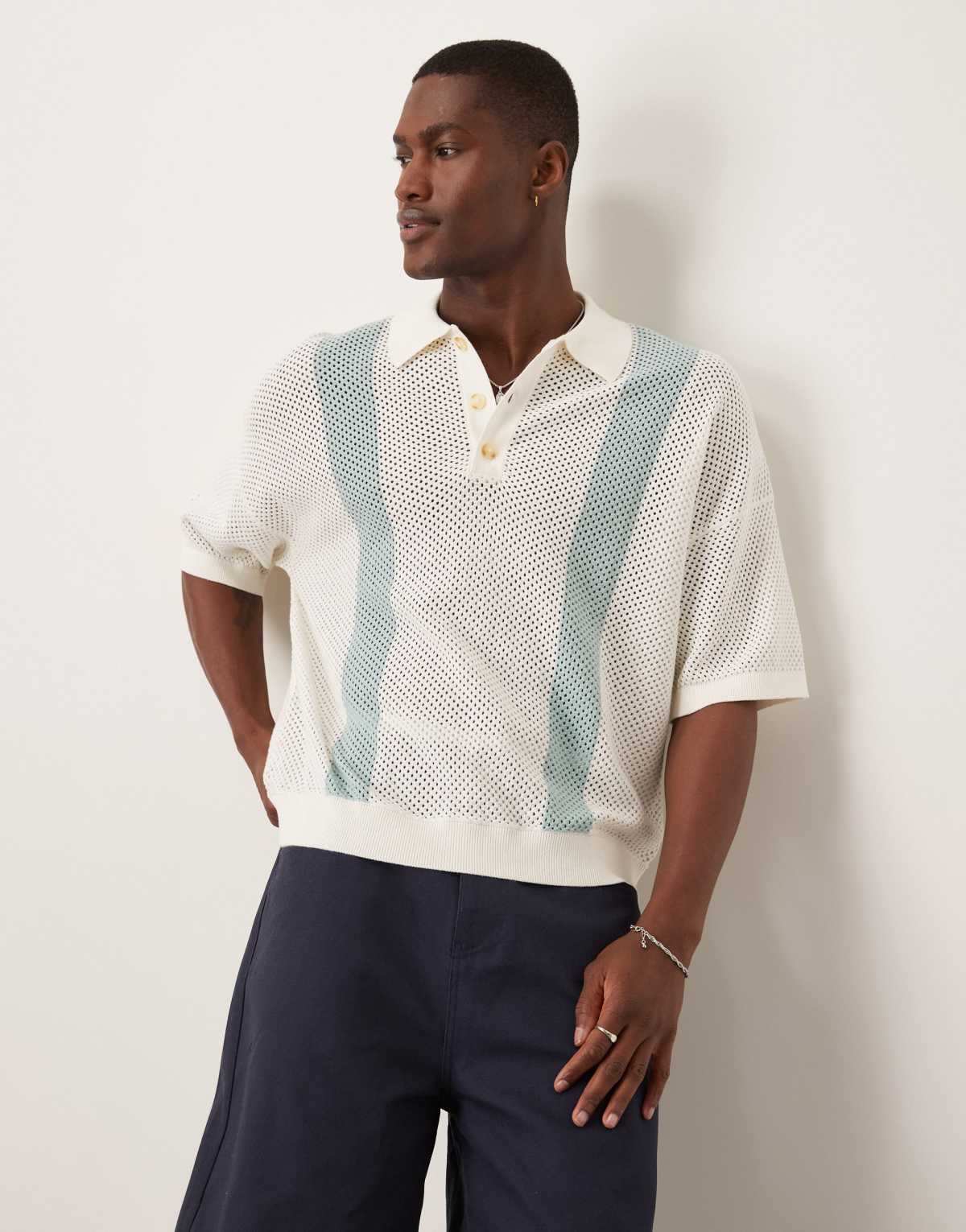 ASOS DESIGN oversized boxy fit airtex texture knitted polo in ecru with blue stripes