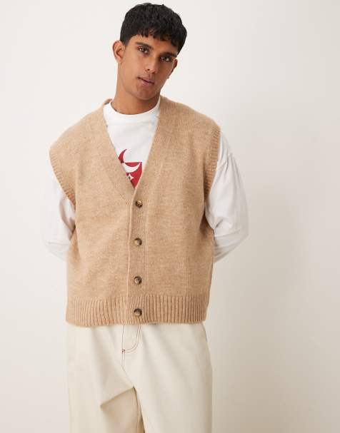 ASOS DESIGN oversized boxy fit brushed knit button up vest in beige - view 1