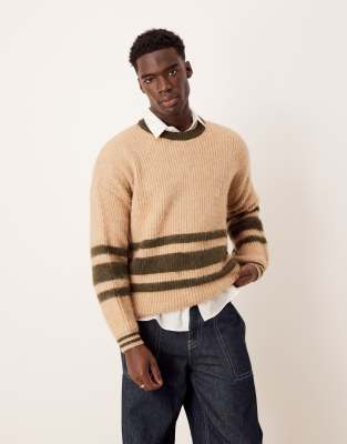 oversized boxy fit brushed knit crew neck sweater in beige with green stripe-Neutral