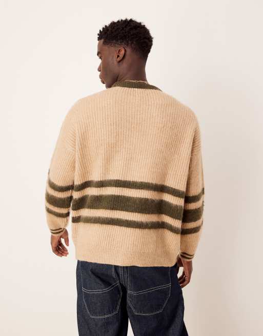 ASOS DESIGN oversized boxy fit brushed knit crew neck sweater in beige with green stripe