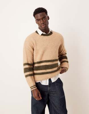 ASOS DESIGN ASOS DESIGN oversized boxy fit brushed knitted crew neck jumper in beige with green stripe-Neutral