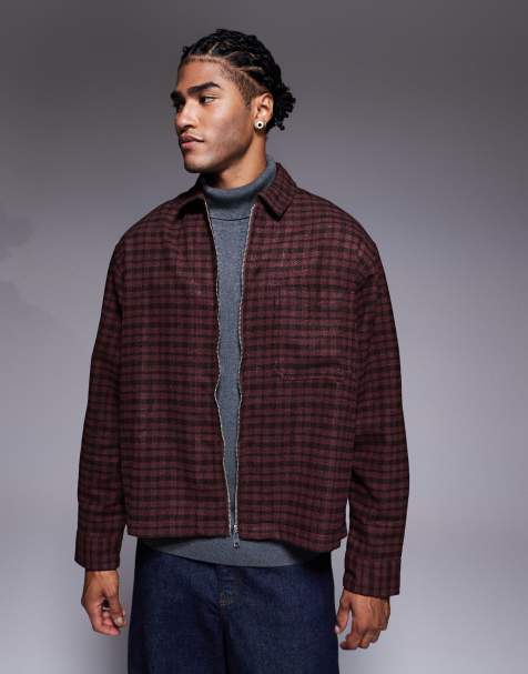 ASOS DESIGN oversized boxy fit check shirt in burgundy - view 1