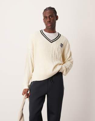 Asos Design Oversized Boxy Fit Contrast Cable Knit Sweater With Varsity Badge In Cream-neutral