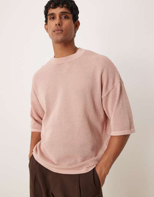ASOS DESIGN oversized boxy fit drop shoulder t-shirt with open stitch in light pink