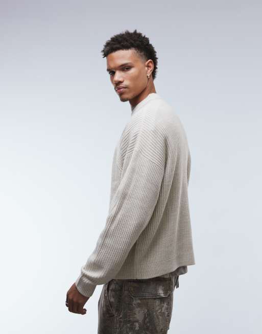 ASOS DESIGN oversized boxy fit fisherman rib knit sweater in heathered stone, 3 of 5
