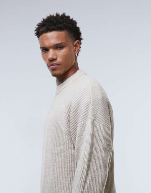 ASOS DESIGN oversized boxy fit fisherman rib knit sweater in heathered stone, 4 of 5