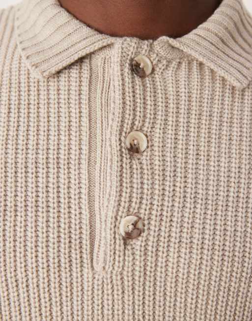ASOS DESIGN oversized boxy fit fisherman rib knitted polo jumper in beige, 2 of 4