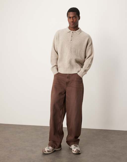 ASOS DESIGN oversized boxy fit fisherman rib knitted polo jumper in beige, 3 of 4
