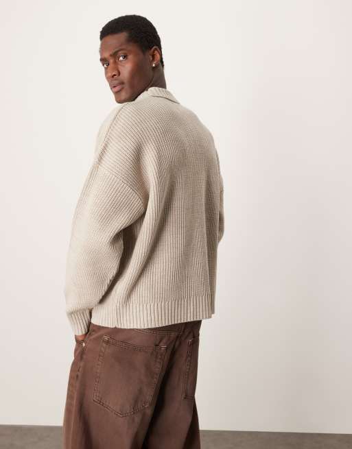 ASOS DESIGN oversized boxy fit fisherman rib knitted polo jumper in beige, 4 of 4