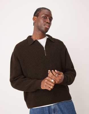 oversized boxy fit fisherman ribbed knitted quarter zip polo in brown