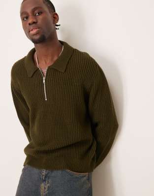 oversized boxy fit fisherman ribbed knitted quarter zip polo in dark green