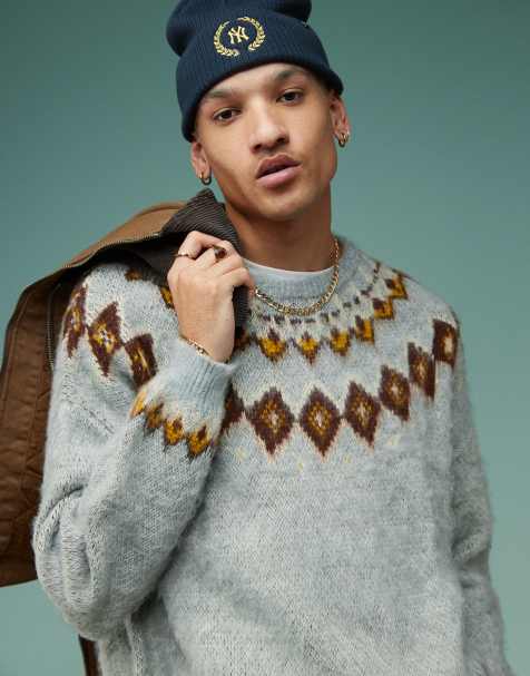 ASOS DESIGN oversized boxy fit fluffy knitted jumper with fairisle pattern in grey - view 1