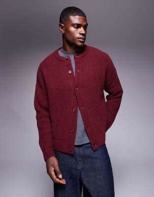 Asos Design Oversized Boxy Fit Heavyweight Knit Crew Neck Cardigan In Red