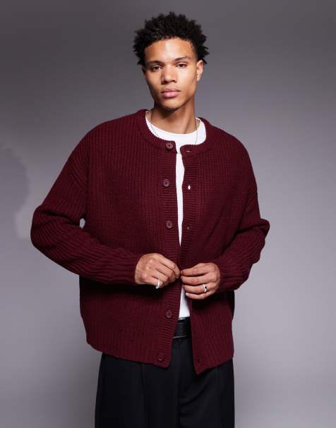 ASOS DESIGN oversized boxy fit heavyweight knit crew neck cardigan in burgundy - view 1