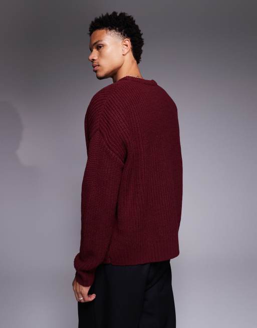 ASOS DESIGN oversized boxy fit heavyweight knit crew neck cardigan in burgundy, 3 of 5