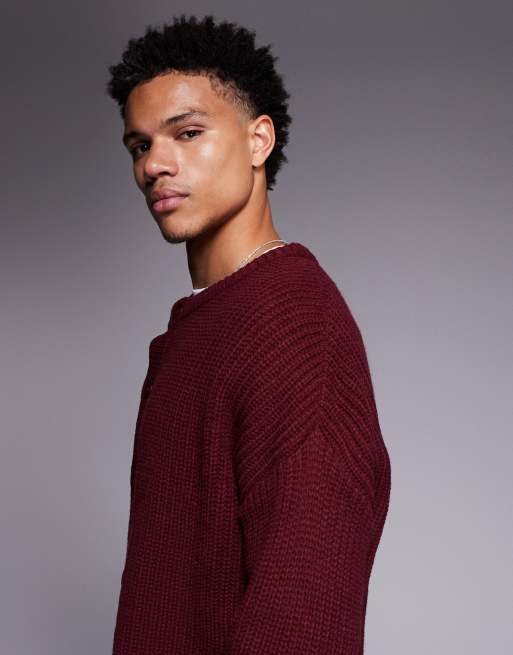 ASOS DESIGN oversized boxy fit heavyweight knit crew neck cardigan in burgundy, 4 of 5