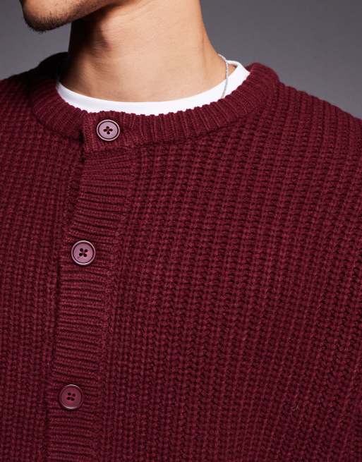 ASOS DESIGN oversized boxy fit heavyweight knitted crew neck cardigan in burgundy