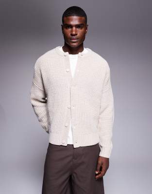 Asos Design Oversized Boxy Fit Heavyweight Knit Crew Neck Cardigan In Neutral