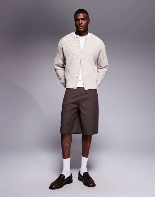 ASOS DESIGN oversized boxy fit heavyweight knitted crew neck cardigan in beige marl