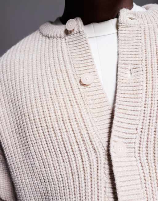 ASOS DESIGN oversized boxy fit heavyweight knitted crew neck cardigan in beige marl