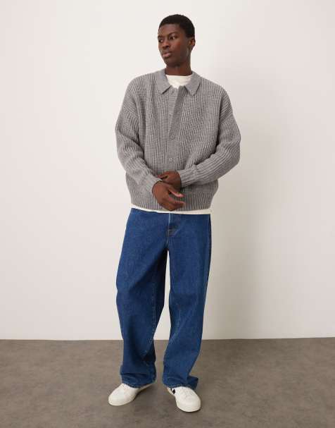 ASOS DESIGN oversized boxy fit heavyweight knit wool blend cardigan in gray heather - view 1