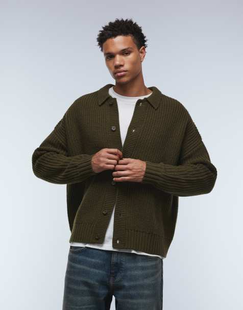 ASOS DESIGN oversized boxy fit heavyweight knit wool blend cardigan in khaki - view 1