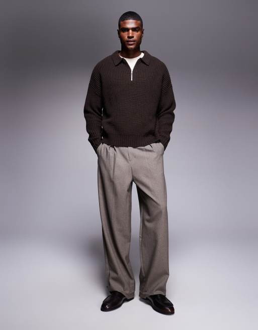 ASOS DESIGN oversized boxy fit heavyweight knit wool blend quarter zip sweater in brown