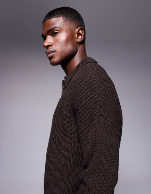 ASOS DESIGN oversized boxy fit heavyweight knit wool blend quarter zip sweater in brown