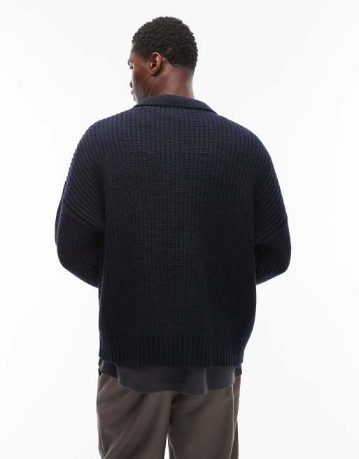 ASOS DESIGN oversized boxy fit heavyweight knitted wool blend quarter zip jumper in navy