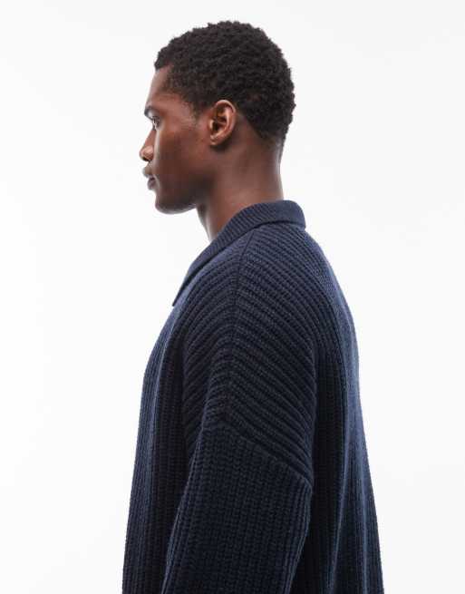 ASOS DESIGN oversized boxy fit heavyweight knitted wool blend quarter zip jumper in navy