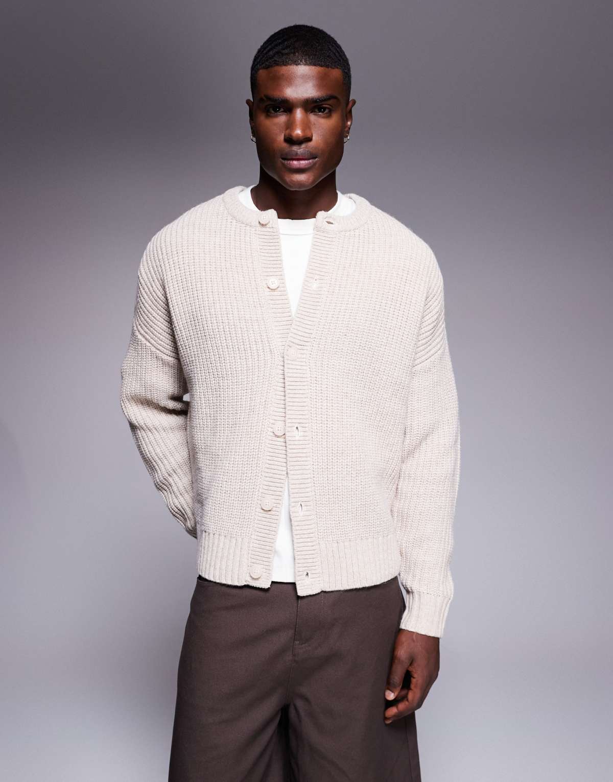 ASOS DESIGN oversized boxy fit heavyweight knitted crew neck cardigan in beige marl