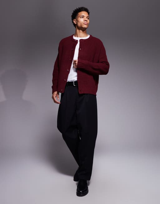 ASOS DESIGN oversized boxy fit heavyweight knitted crew neck cardigan in burgundy, 2 of 5