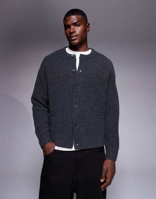 ASOS DESIGN ASOS DESIGN oversized boxy fit heavyweight knitted crew neck cardigan in charcoal marl-Grey
