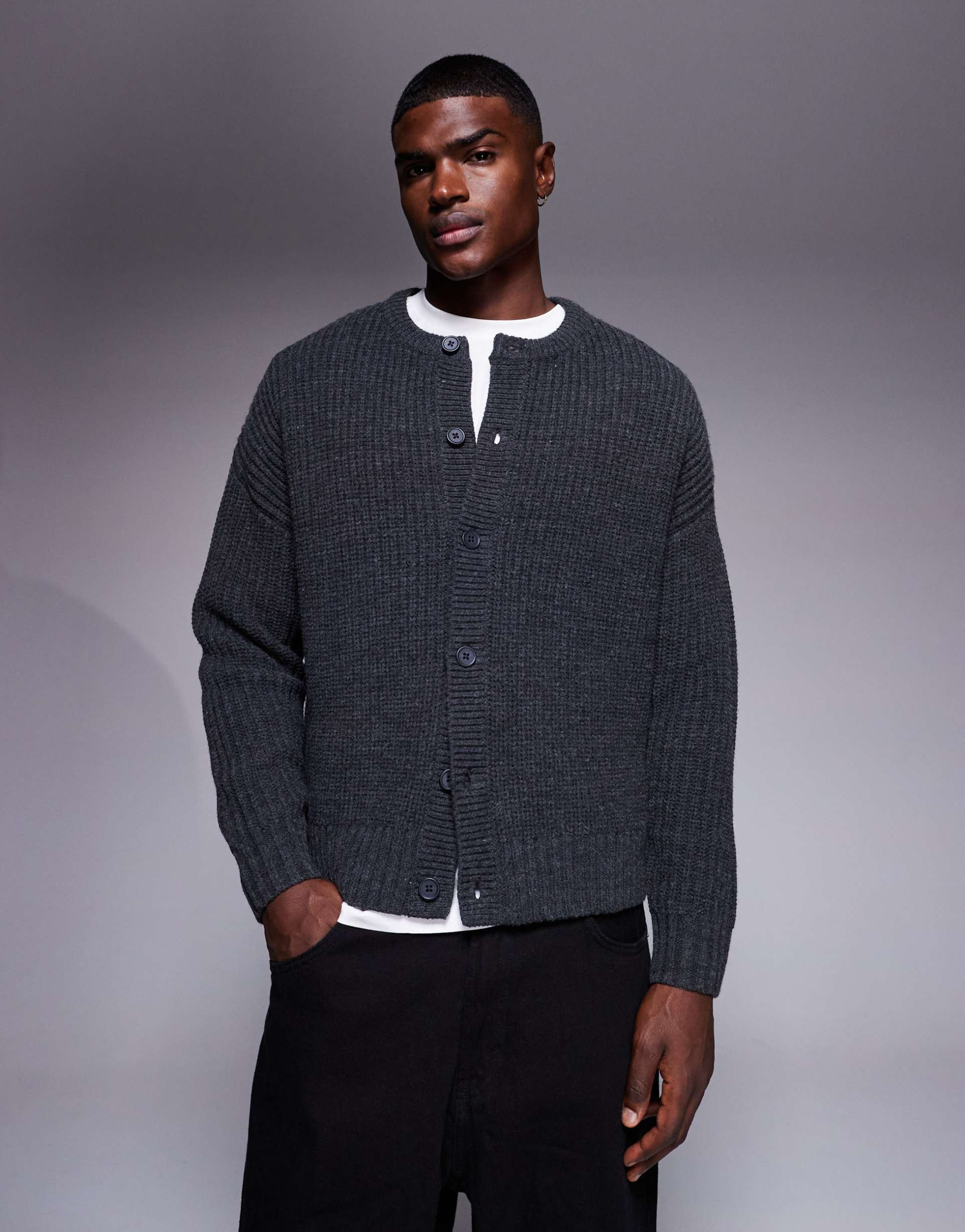 ASOS DESIGN oversized boxy fit heavyweight knitted crew neck cardigan in charcoal marl