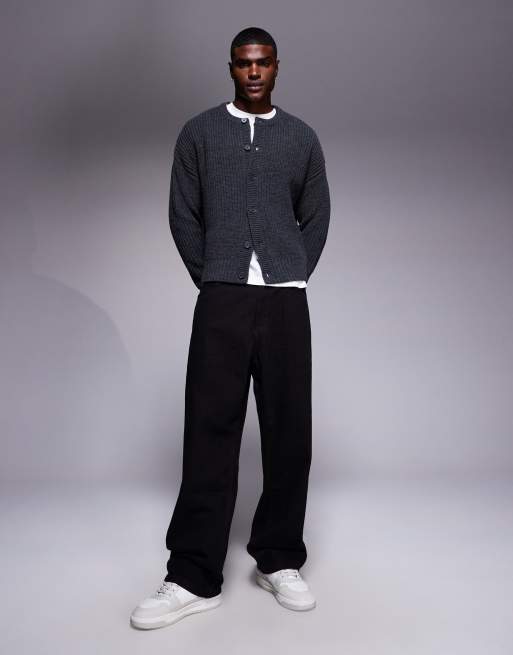 ASOS DESIGN oversized boxy fit heavyweight knitted crew neck cardigan in charcoal marl, 2 of 5