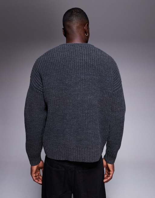 ASOS DESIGN oversized boxy fit heavyweight knitted crew neck cardigan in charcoal marl, 3 of 5