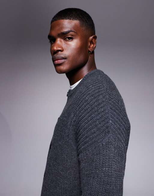 ASOS DESIGN oversized boxy fit heavyweight knitted crew neck cardigan in charcoal marl, 4 of 5