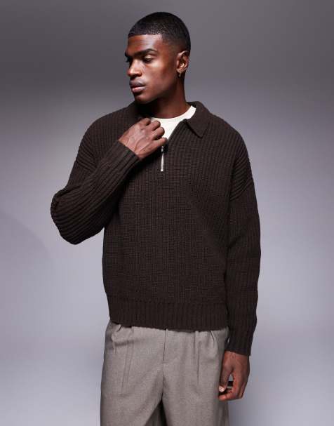 ASOS DESIGN oversized boxy fit heavyweight knitted wool blend quarter zip jumper in brown - view 1