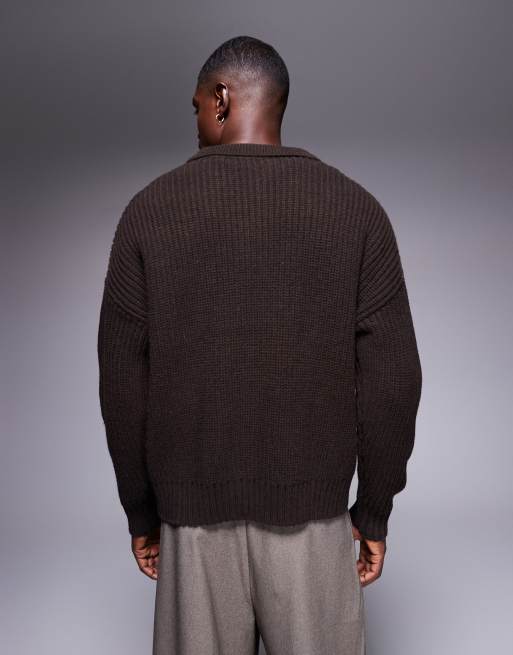 ASOS DESIGN oversized boxy fit heavyweight knitted wool blend quarter zip jumper in brown, 3 of 5