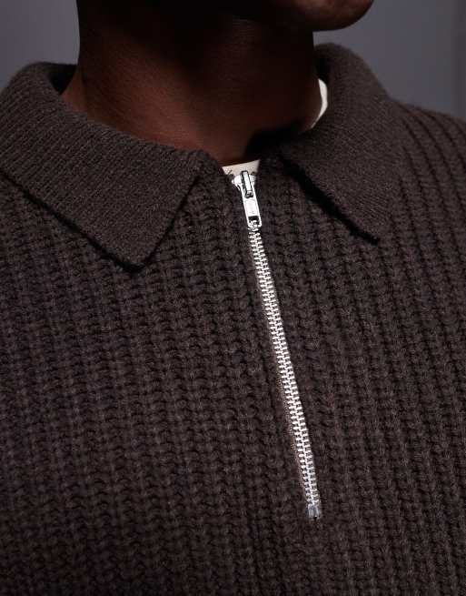 ASOS DESIGN oversized boxy fit heavyweight knitted wool blend quarter zip jumper in brown, 5 of 5