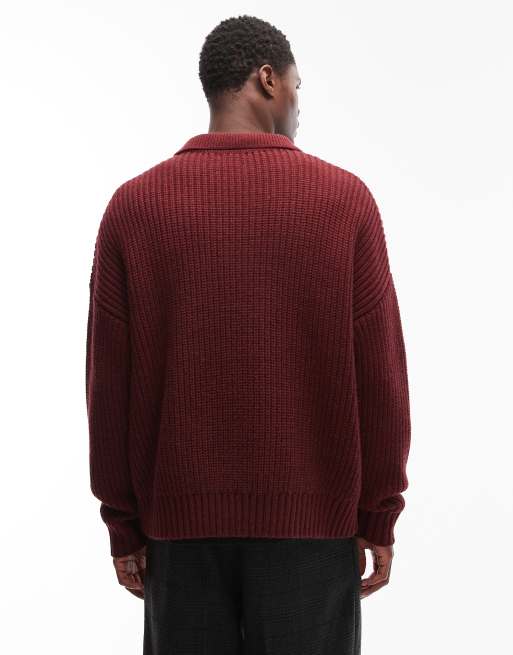 ASOS DESIGN oversized boxy fit heavyweight knitted wool blend quarter zip jumper in burgundy, 3 of 5