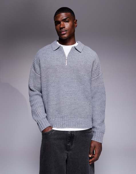 ASOS DESIGN oversized boxy fit heavyweight knitted wool blend quarter zip jumper in grey marl - view 1