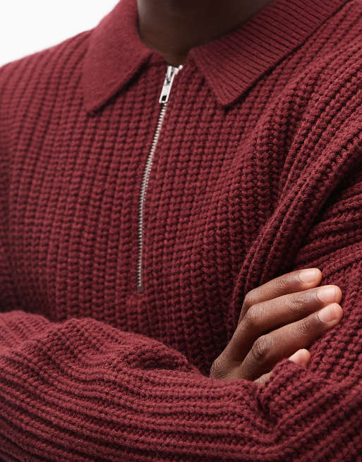 ASOS DESIGN oversized boxy fit heavyweight knitted wool blend quarter zip polo in burgundy, 5 of 5