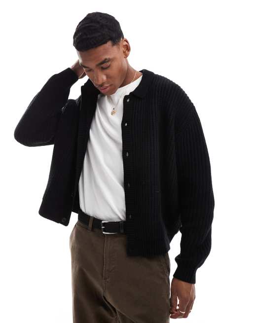 ASOS DESIGN oversized boxy fit heavyweight knitted wool mix button through cardigan in black ASOS