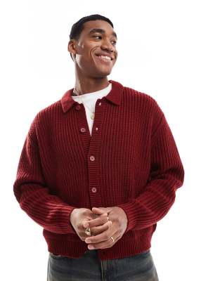 ASOS DESIGN ASOS DESIGN oversized boxy fit heavyweight knitted wool mix button through cardigan in burgundy-Red