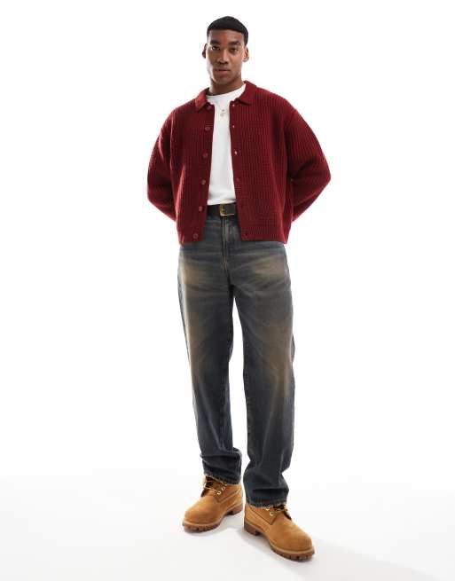 ASOS DESIGN oversized boxy fit heavyweight knitted wool mix button through cardigan in burgundy, 4 of 4
